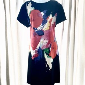 Black sheath dress with vibrant flower print